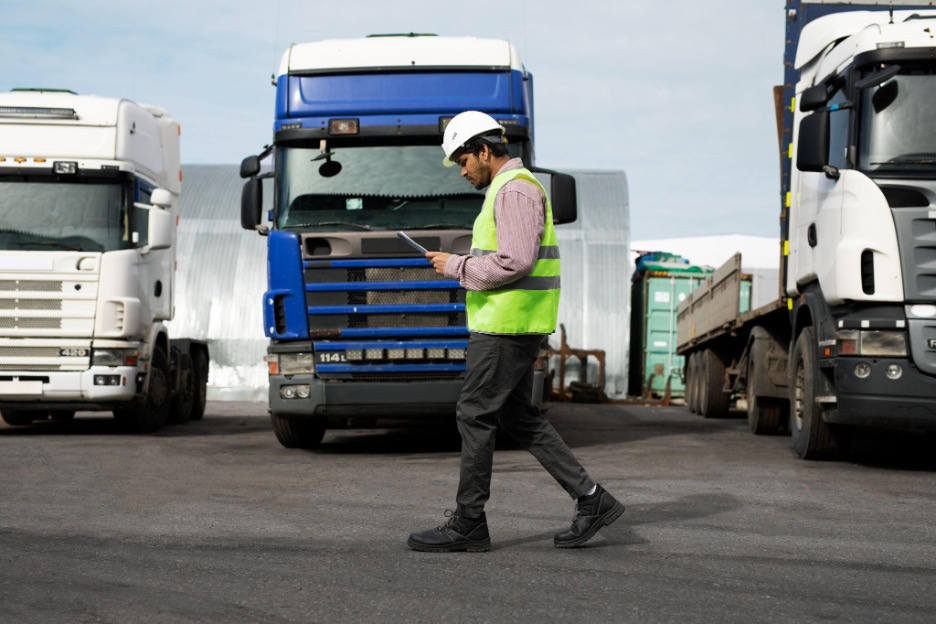 worker walking in front of trucks