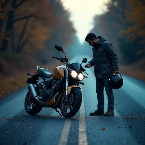 Man inspecting motorcycle on forest road after accident, holding helmet