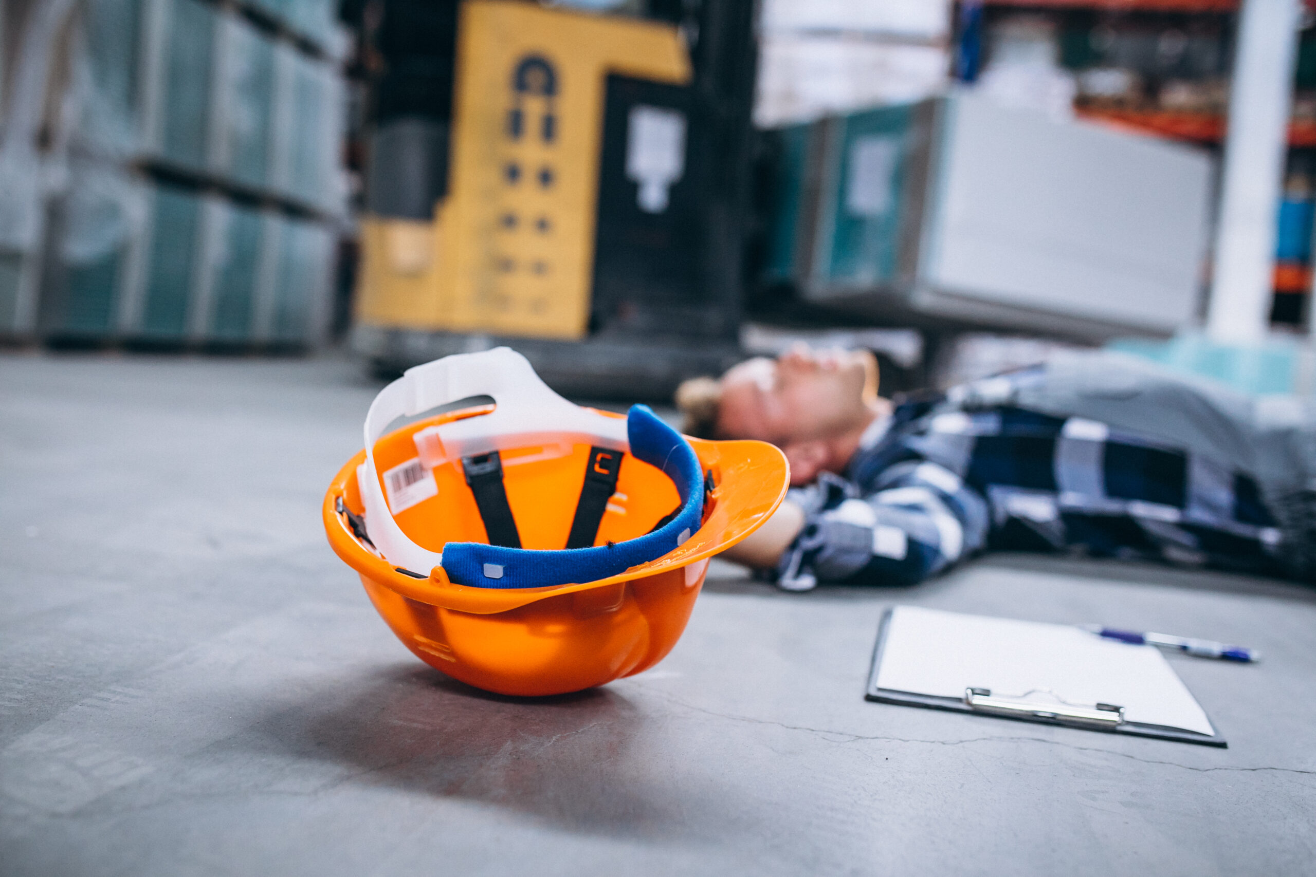 Warehouse worker injured on floor with hard hat in foreground.